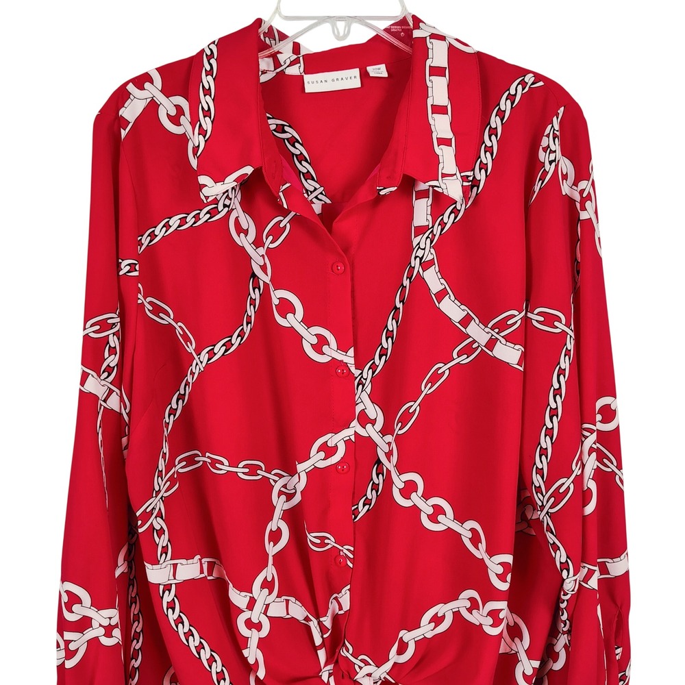 Susan Graver Womens 20W Chain Print Tie Front Blouse Red Nautical Mobwife SZ 20W